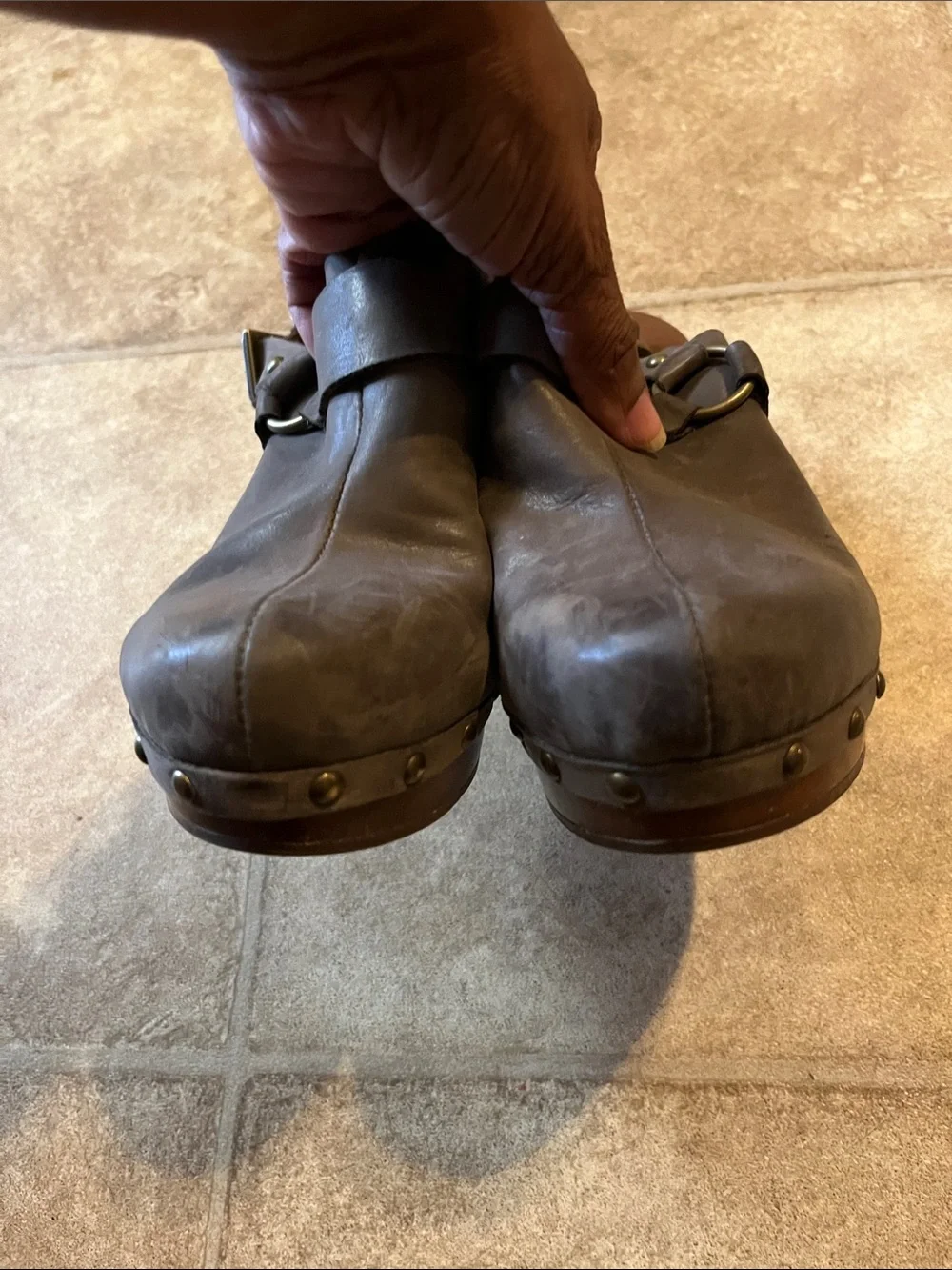 Korks Women Taupe Studded Leather Clog Slingback Boho Festival Hippie 70s 9/40.5 - Picture 6 of 10